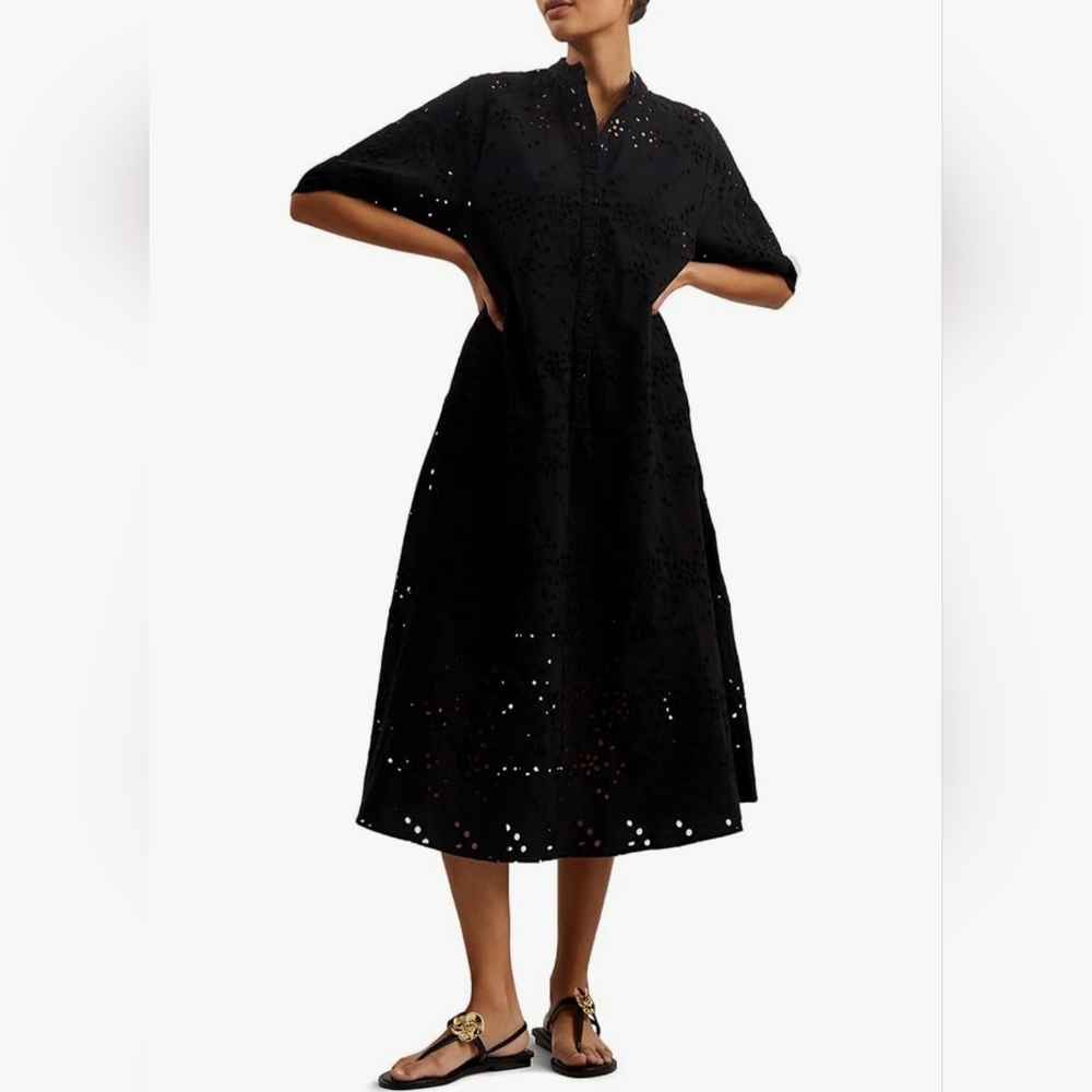 Ted Baker midi dress women's 4 black 100% cotton broderie relaxed fit new $395